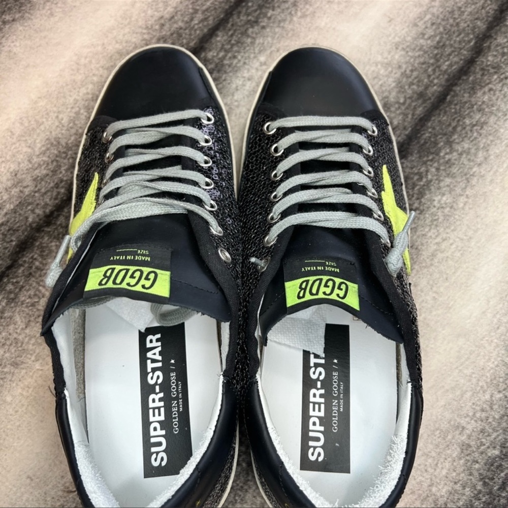Golden Goose Superstar Sequin Star Leather Heel Black Yellow Fluo Sneakers - Picture 8 of 16